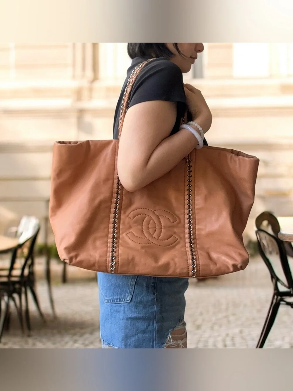 CHANEL Tan Leather Chain-Strap Tote with Stitched CC Emblem
